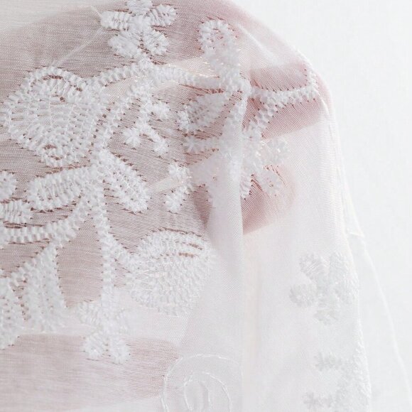 Beige Casual Women's Solid Asymmetric Sheer Lace Long Sleeve Blouse - Picture 5 of 9